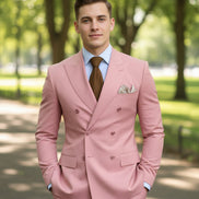 Pink suit with a brown tie and white shirt on a black background