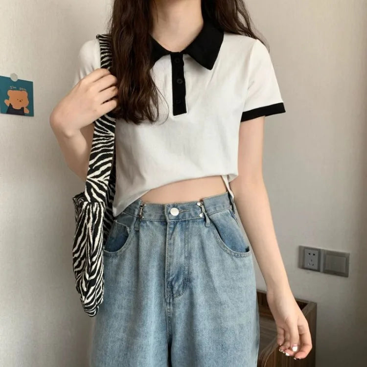 Summer 2026 Women New Arrival Slim Fit Versatile Polo Collar Color Block Short T Shirt Short Sleeve Unique Top Ins Trendy