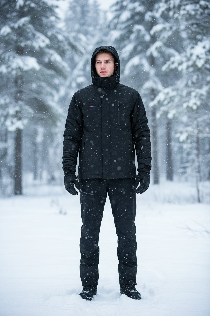 Black jacket with a hood on a gray background