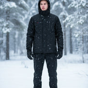 Black jacket with a hood on a gray background