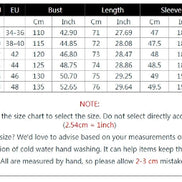 Size chart showing international size conversions and bust, length, sleeve, and shoulder measurements for sizes S to XXXL.