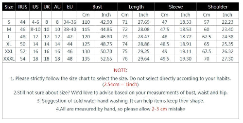 Size chart showing international size conversions and bust, length, sleeve, and shoulder measurements for sizes S to XXXL.