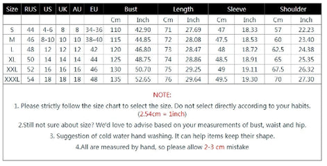 Size chart showing international size conversions and bust, length, sleeve, and shoulder measurements for sizes S to XXXL.