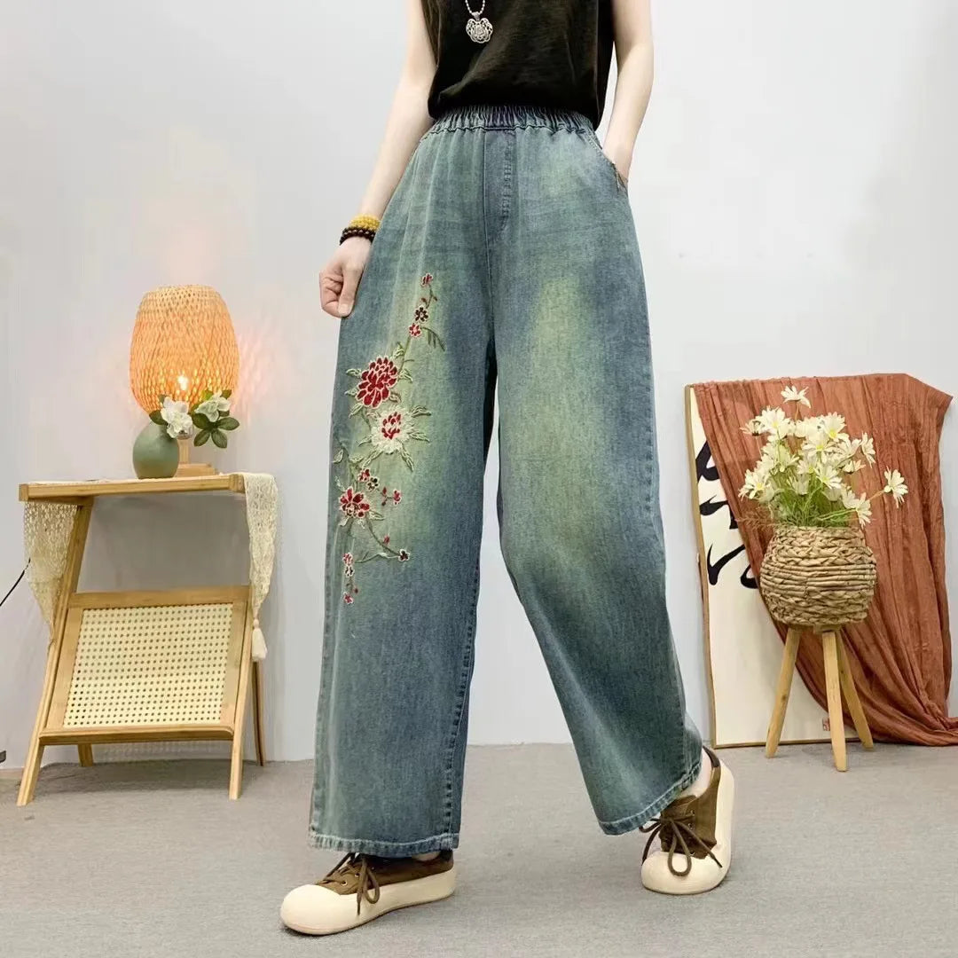 Spring Summer Ethnic Style Vintage Floral Embroidery Denim Wide Leg Pants Women High Elastic Waist Hole Casual Straight Jeans