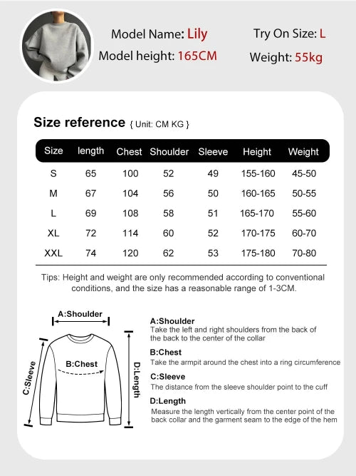 Size chart for a sweatshirt labeled 'Lily' with measurements and reference chart.