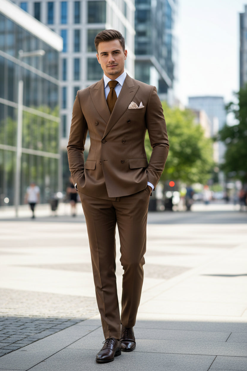 Brown suit with a tie and pocket square on a dark background
