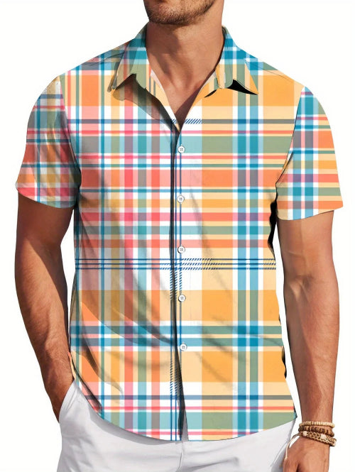 Colorful plaid shirt worn by a person on a white background
