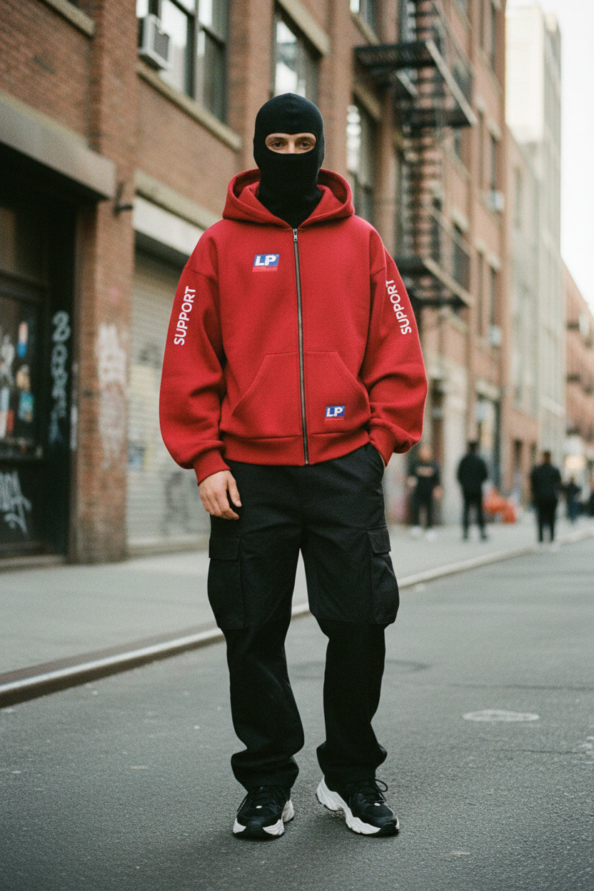 A red zip-up hoodie with a black balaclava-style hood insert, featuring white 'SUPPORT' text on both sleeves and 'LP' logos on the chest and lower front pocket, shown on a plain white background.