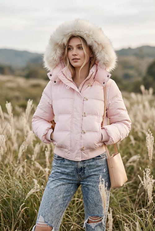 A light pink puffer jacket with a fluffy cream faux-fur trimmed hood, laid flat on top of blue jeans against a white lace-patterned fabric background.