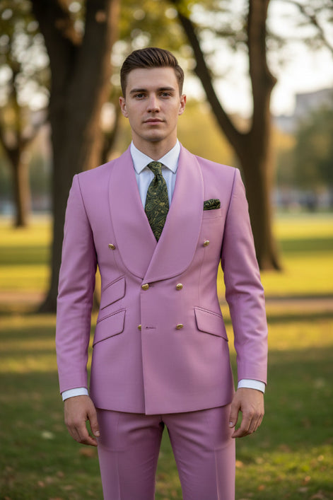 Pink suit with matching jacket and pants on a mannequin against a white background