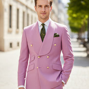 Pink suit with matching jacket and pants on a mannequin against a white background