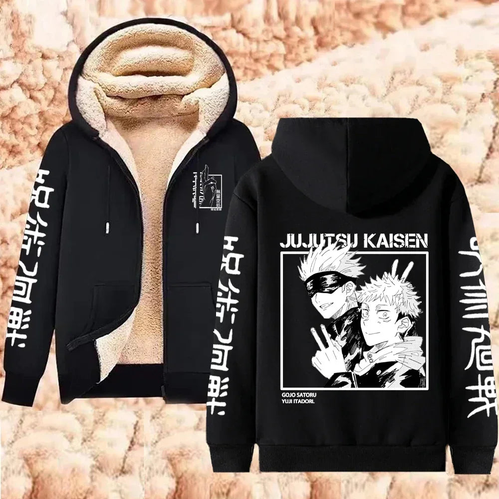 Black hoodie with 'JuJutsu Kaisen' design on a textured beige background