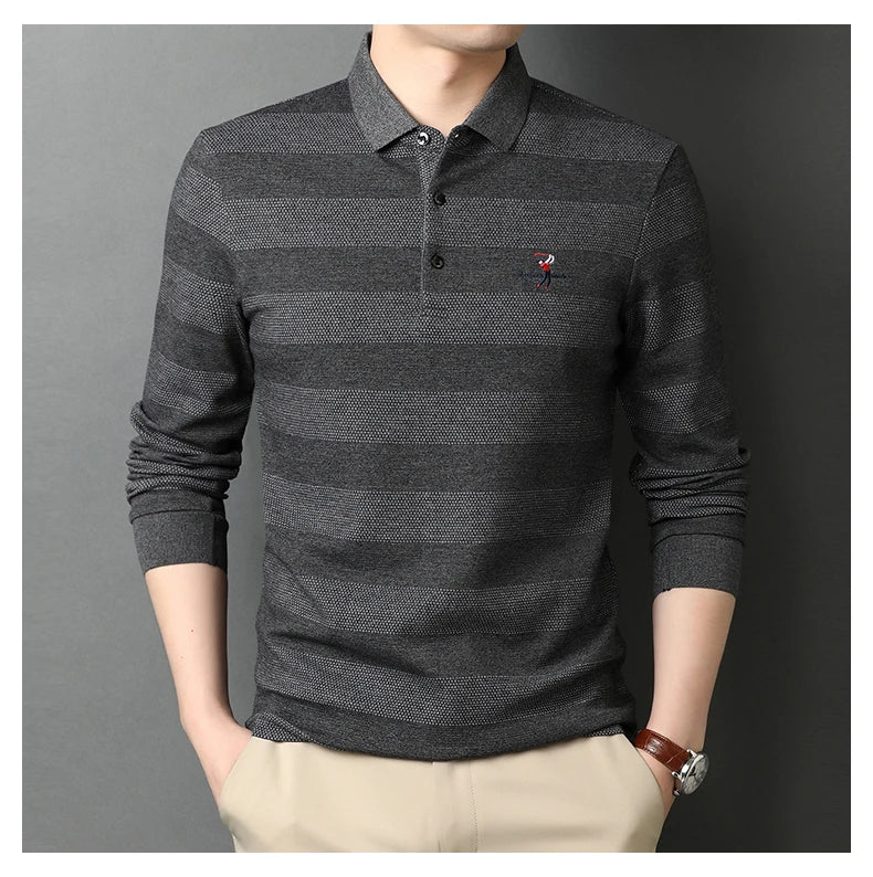 2025 High End New Fashion Brand Striped Designer Embroidery Casual Turn Down Collar Long Sleeve Polo Shirts Men Tops Men Clothes
