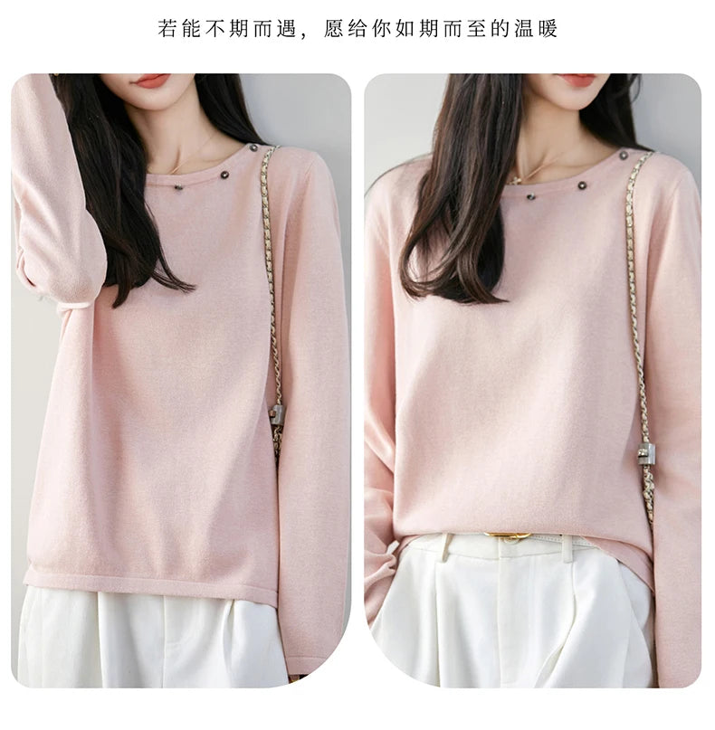 High end fashion 100% pure cotton women's sweater casual knitted round neck pullover autumn and winter solid color women's top