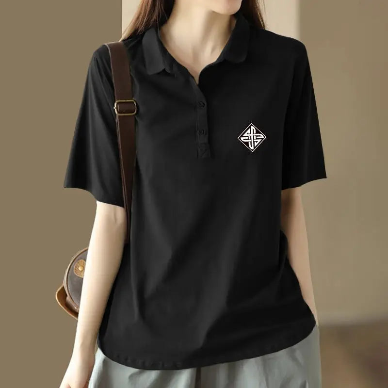 Summer Outfit Youthful Printing Women's Polo Shirts Lapel Button T-shirts Korean Clothing Elegant Baggy Short Sleeve Female Tee