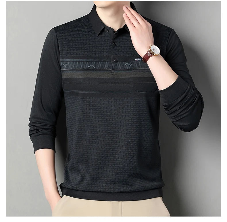 Luxury Wool Blend Fabric Men's Long Sleeve Polo  Classic