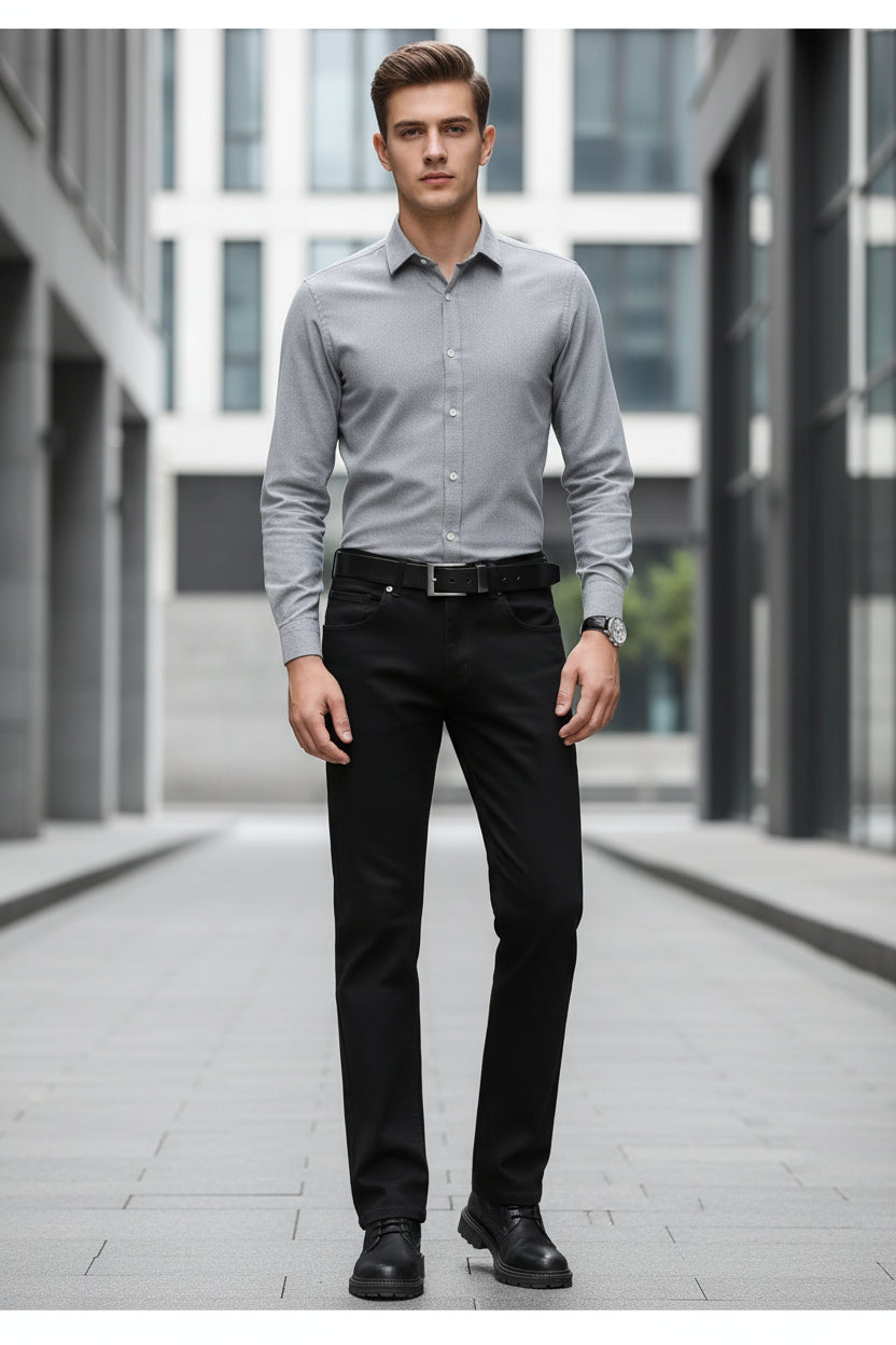 Person wearing black pants with a plain background