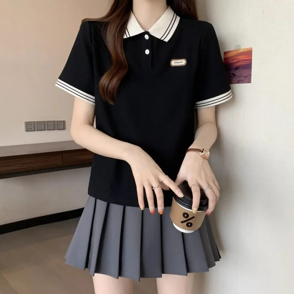 Baggy Female Tee Women's Polo Short Sleeve T-shirt Korean Clothing Youthful Elegant in Trend 2025 Sales Youth Aesthetic T-shirts