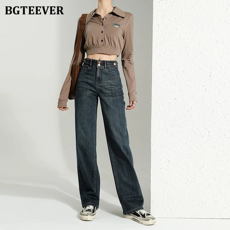 BGTEEVER Vintage Double Buttons Straight Jeans Pants Women Spring Autumn High Waist Loose Pockets Female Wide Leg Denim Trousers