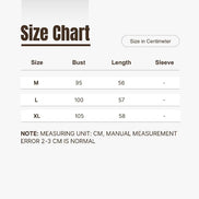Size chart for clothing with measurements in centimeters