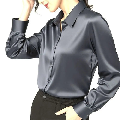 Dark gray silk shirt worn by a model, shown from the front.