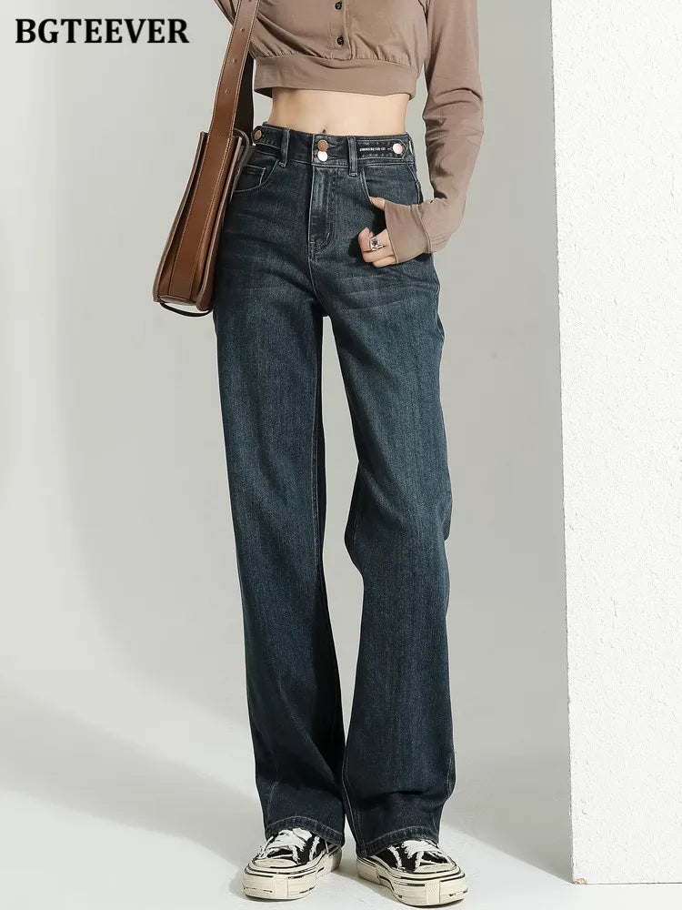 BGTEEVER Vintage Double Buttons Straight Jeans Pants Women Spring Autumn High Waist Loose Pockets Female Wide Leg Denim Trousers