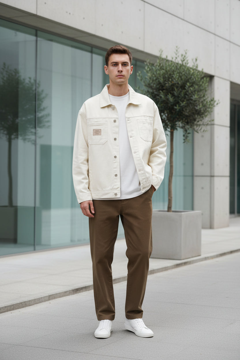Beige denim jacket worn by a person on a white background