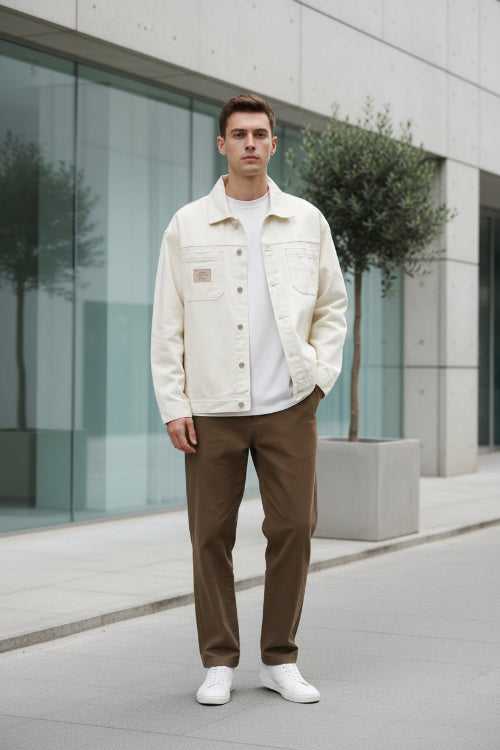 Beige denim jacket worn by a person on a white background