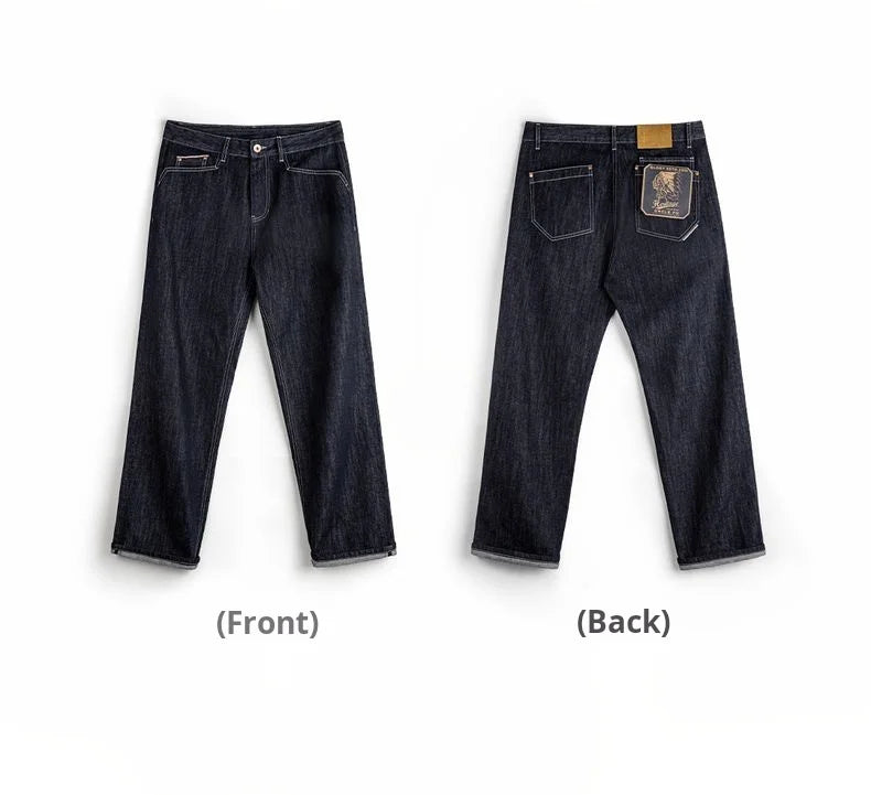 Dark blue jeans shown from front and back on a white background