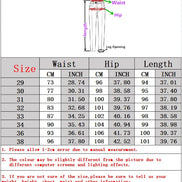 A size measurement chart for pants showing a simple line drawing with labeled waist, hip, and leg opening, plus a size 