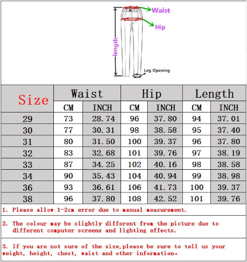 A size measurement chart for pants showing a simple line drawing with labeled waist, hip, and leg opening, plus a size 