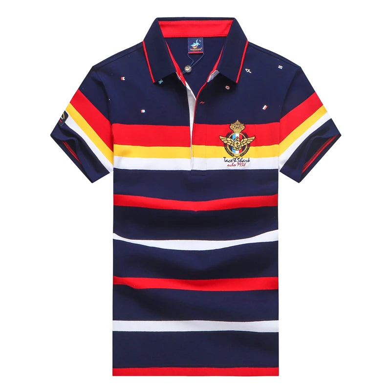 A short-sleeve polo shirt with horizontal navy, red, yellow, and white stripes, featuring a small embroidered crest on the left chest and a buttoned collar.