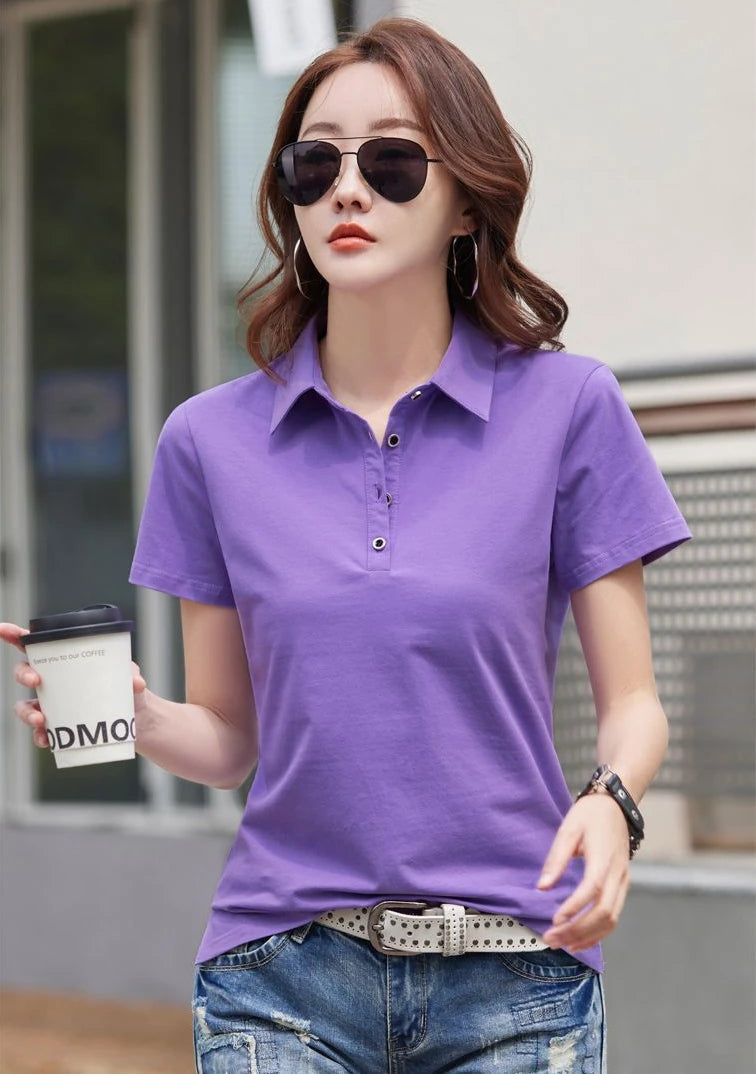 Female Tee Slim 100℅ Cotton Plain Button Women's Polo Korean Clothing Goth T-shirts Elegant Cheap Aesthetic Hot Sales Emo Kpop