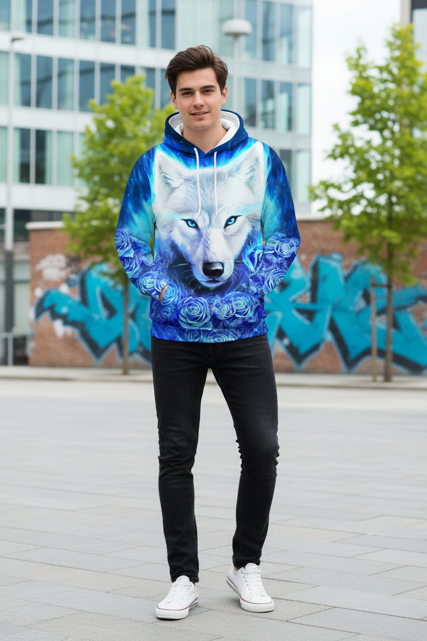 Hoodie with a wolf and floral design on a white background
