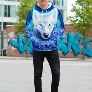 Hoodie with a wolf and floral design on a white background