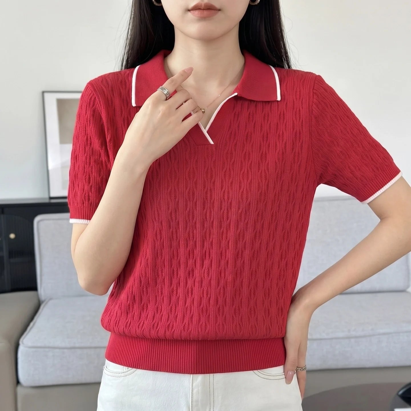 WinvyNee Spring Summer Women Cotton Polo V Collar Sweater Knitted Top Green Solid Short Sleeve Casual Pullover T-Shirt ZA1002042