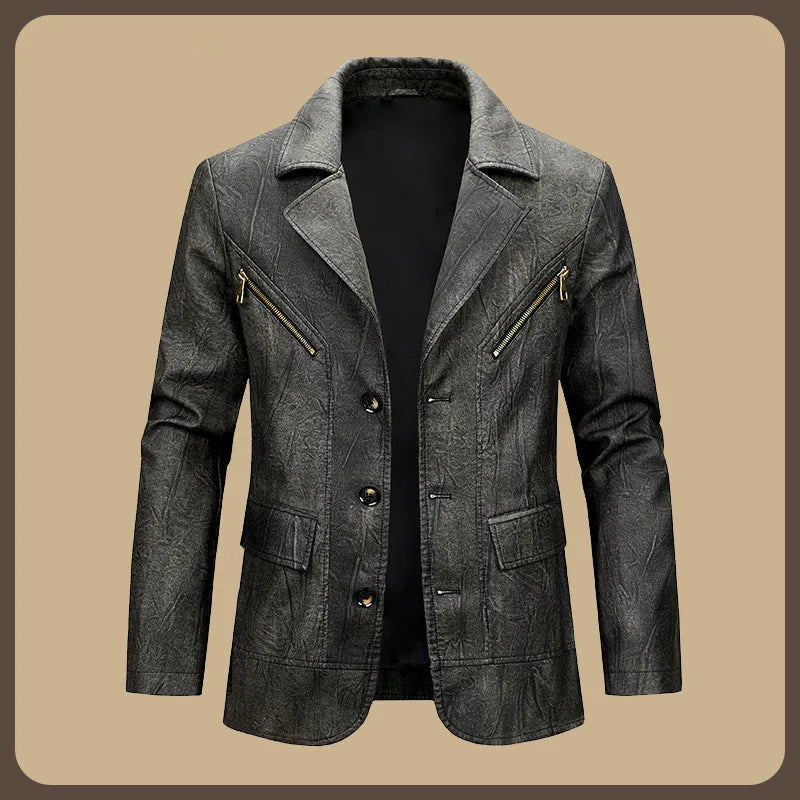 Men's Brown PU Jackets with Lapels for Fall and Winter, Dark Gray Faux Leather Coats for Spring, European Sizes S–XXXL.