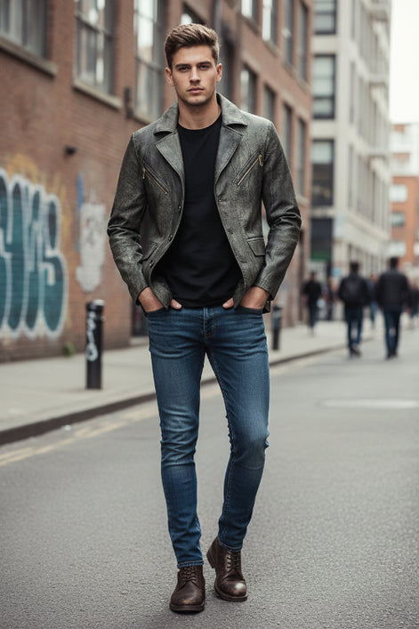 A men's dark gray faux-leather blazer jacket with a textured finish, featuring notched lapels, a three-button front closure, and diagonal zippered chest pockets, displayed on a black shirt against a tan background.