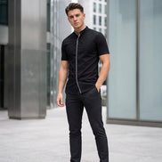 A black short-sleeve button-up shirt with a mandarin collar and white piping trim, shown on a plain white background.