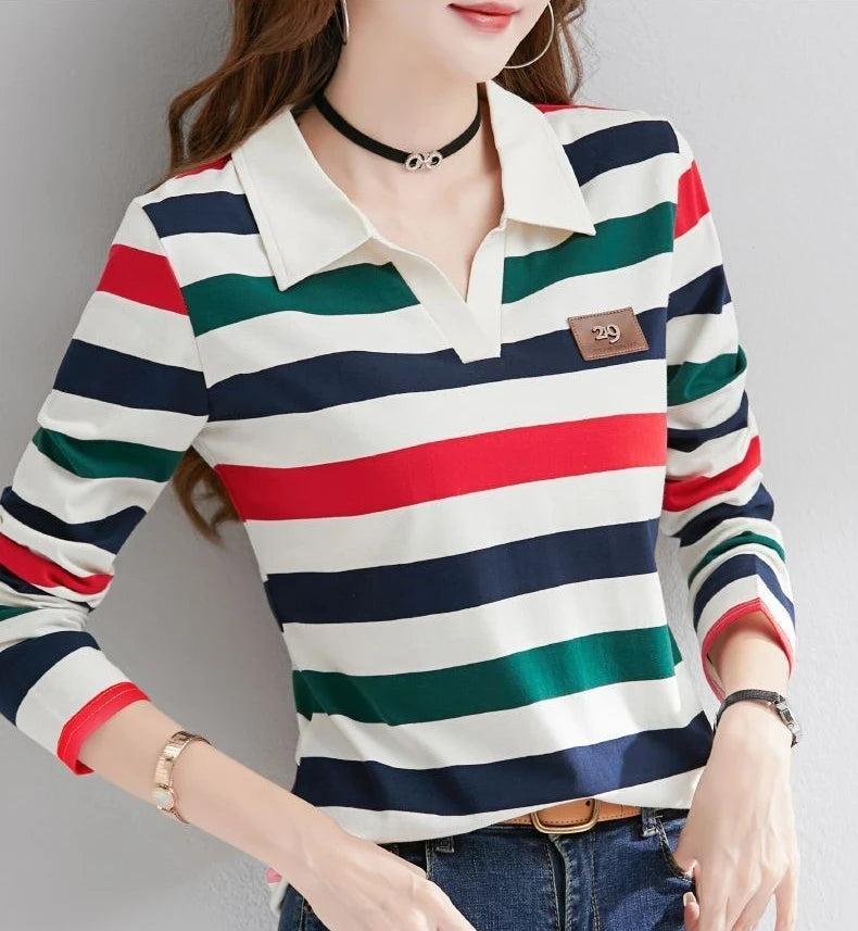 Slimming Striped Polo T-Shirt for Women 100% Cotton Long Sleeve Innerwear for 2026 Transitional Wardrobe