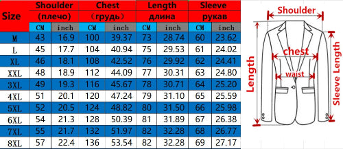 A size chart and measurement diagram for a men's blazer, showing a size table from M to 8XL with chest, length, and sleeve measurements in centimeters 