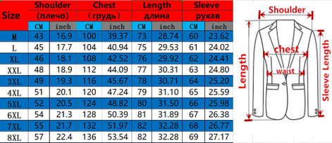A size chart and measurement diagram for a men's blazer, showing a size table from M to 8XL with chest, length, and sleeve measurements in centimeters 