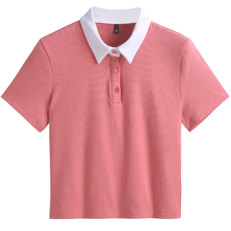 Summer New Cotton Polo Shirt Solid Color Polo Neck Short Sleeve High Waist Short Style Slim Fit Fashion Casual Women's Shirt