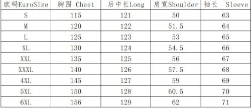 Table displaying Euro size chart for clothing with measurements in centimeters.