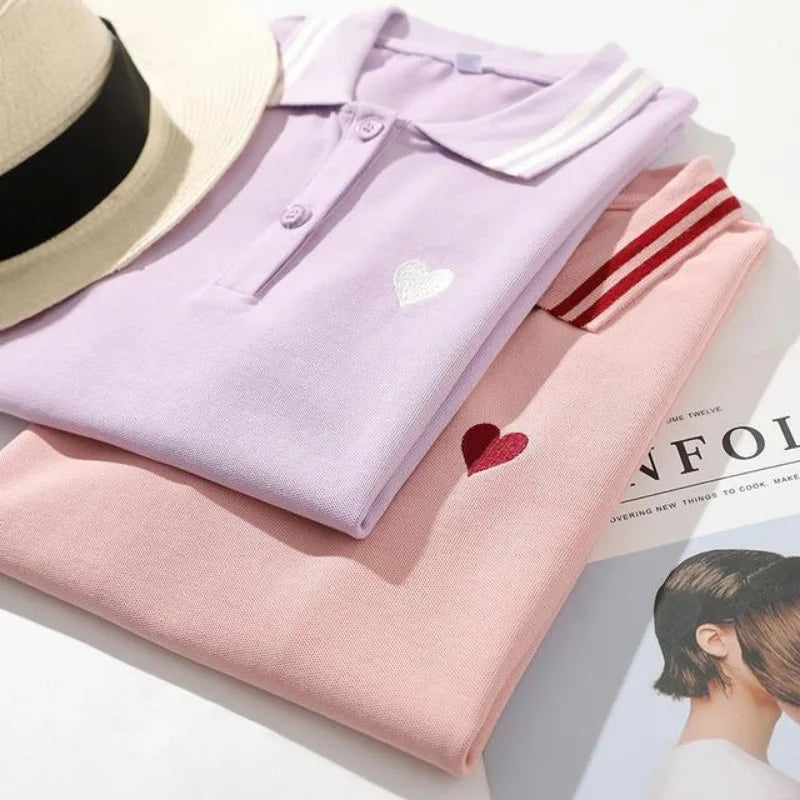 Polo Neck Shirt for Women100℅ Cotton  Woman T Embroidery Button Graphic Slim Korean Clothing Trend 2025 Youthful Elegant Style
