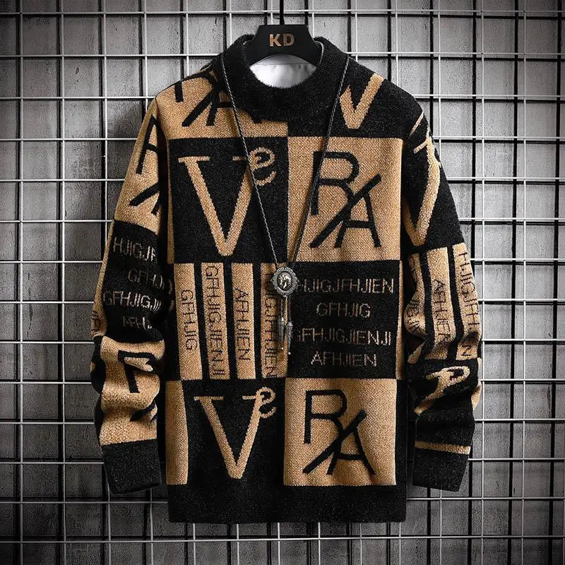 Black and beige sweater with text pattern on a grid background
