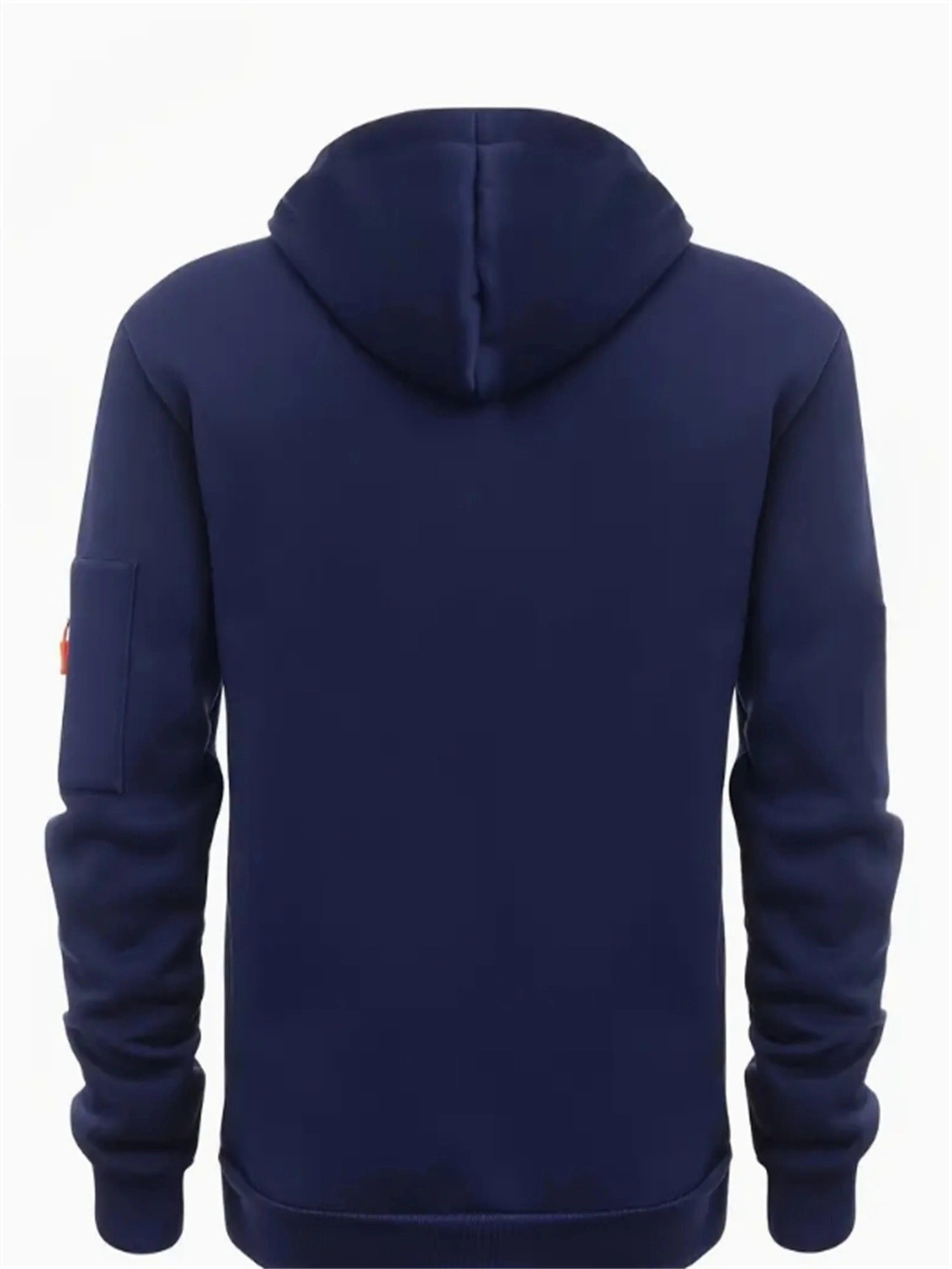 A navy blue pullover hoodie shown from the back, featuring a central seam, a hood, and ribbed cuffs and hem, set against a plain white background.