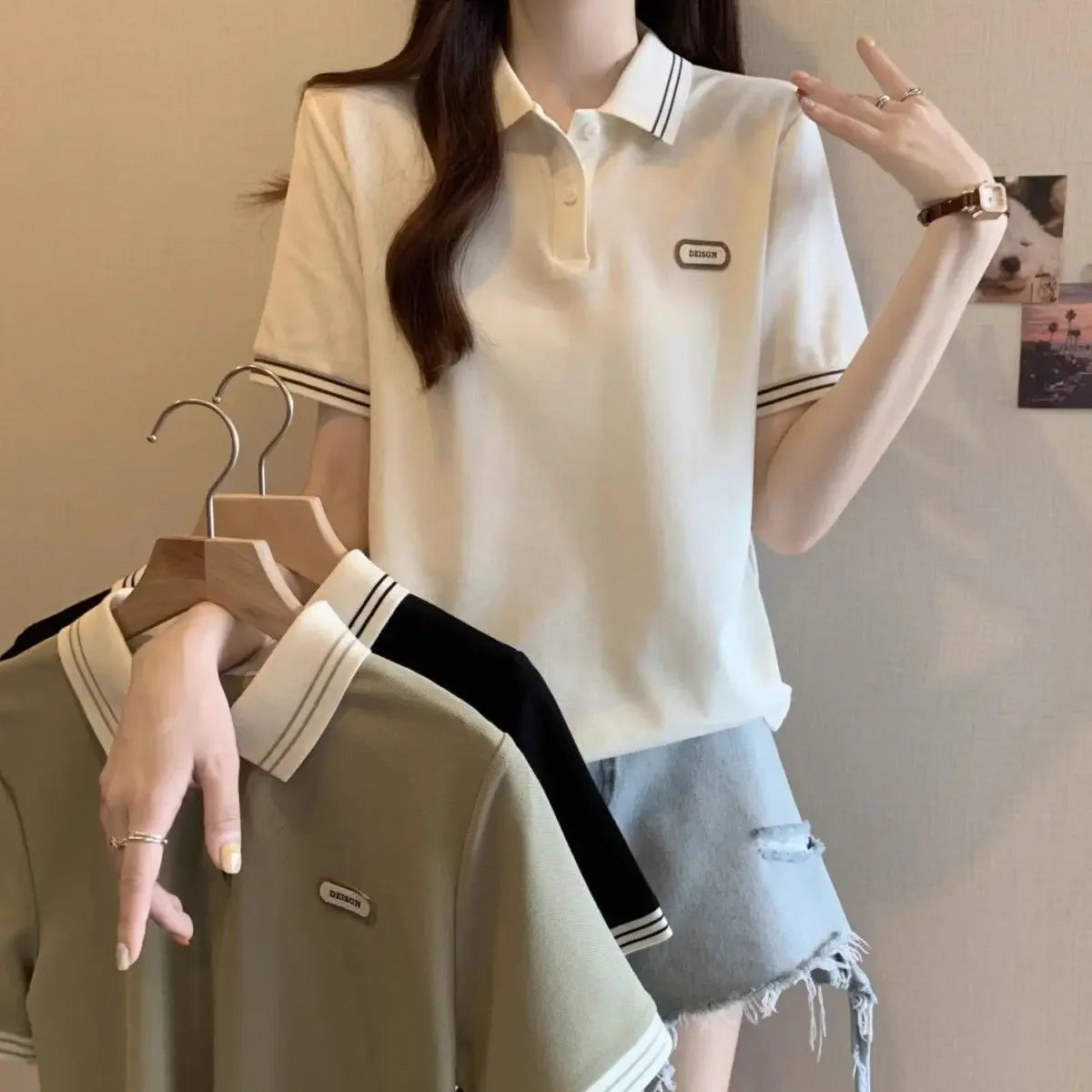 Baggy Female Tee Women's Polo Short Sleeve T-shirt Korean Clothing Youthful Elegant in Trend 2025 Sales Youth Aesthetic T-shirts