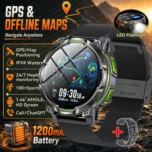 A rugged smartwatch with a black mesh strap and metallic silver case, 