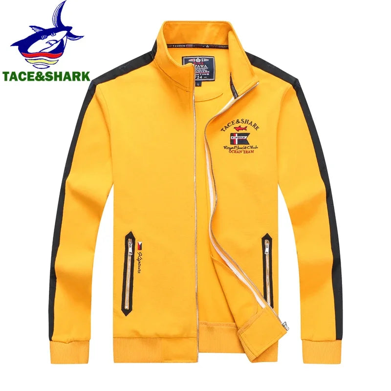 TACE&SHARK Fashion Brand Shark Solid Color Embroidery Jackets Zipper Turtleneck Men Pullovers Mens White Outerwear Clothing